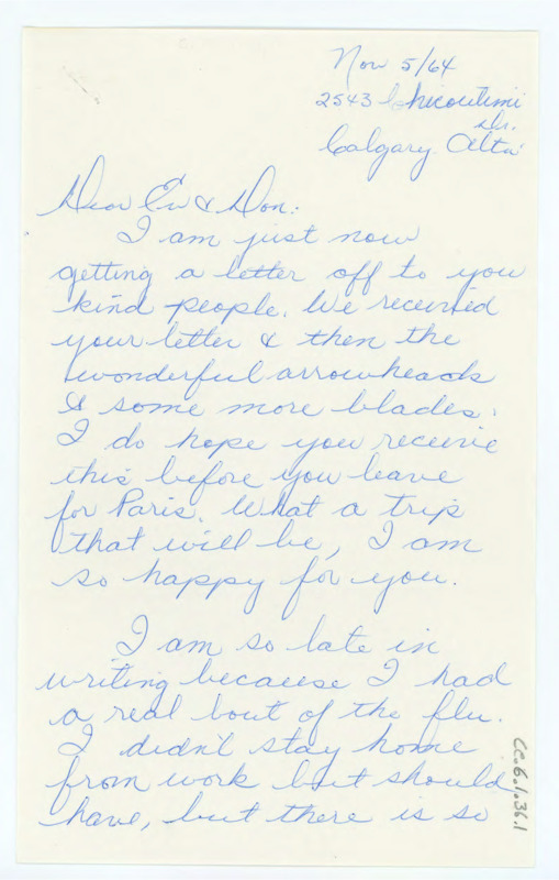 Handwritten letter from Doreen Kellock to Donald and Evelyn Crabtree where she thanked him for sending her some arrowheads and blades. She updated him on her life, work, and kids.