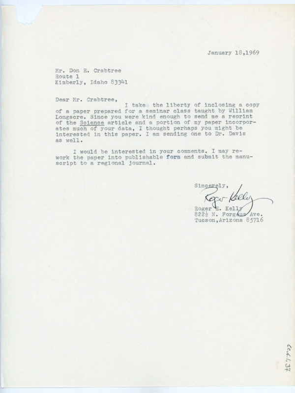 Typewritten letter from Roger Kelly to Donald Crabtree to send him a copy of his paper and ask for his comments.