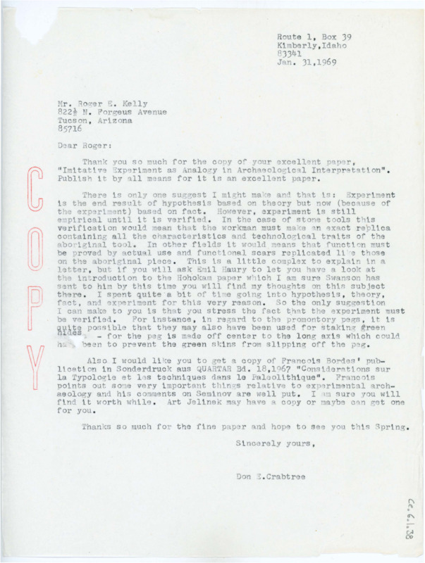 Typewritten letter from Donald Crabtree to Roger Kelly to thank him for sending a copy of his paper and encouraged him to publish it. He suggested a change and some articles to explain the reasoning for that change.