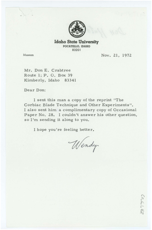 Typewritten letter from Wendy Kerbs where she informed Crabtree that she sent Don Hatchin some off prints of papers and forwarded his letter to Crabtree to answer his questions.