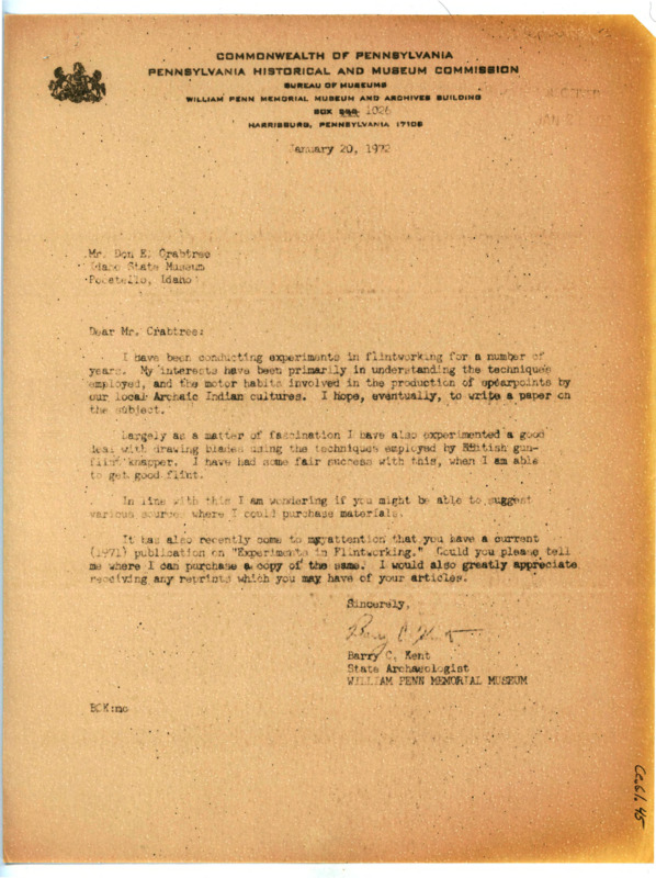 Typewritten letter from Barry Kent to Donald Crabtree where he asked him for a good place to source flint from and where he could purchase a copy of one of his papers.