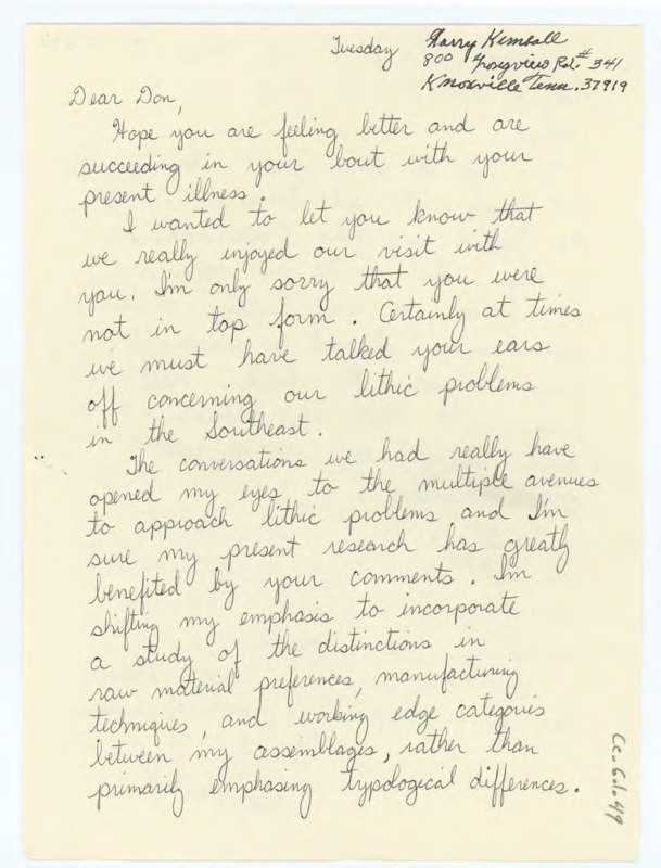 Handwritten letter from Larry Kimball to Donald Crabtree where he wished him better health and talked to him about their trip back to Tennessee. He also talked about his renewed interest in lithics and Quentin Bass' work.