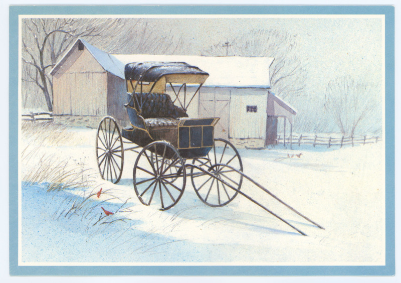 Holiday card from Larry Kimball. Front: art of a horse drawn wagon in the show. Inside: Handwritten letter from Larry hoping Crabtree's health is getting better and updated him on his work and life.