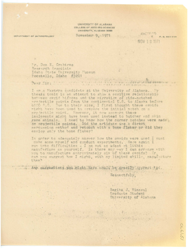 Typewritten letter from Regina Kinsaul who wrote to Crabtree for assistance on her Masters Thesis.