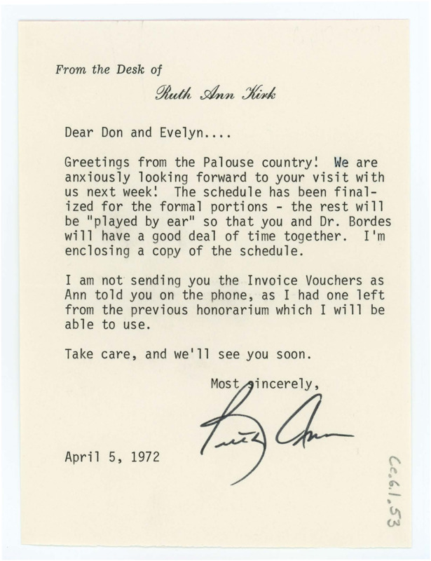 Typewritten letter from Ruth Ann Kirk expressing her excitement for the Crabtree's to visit. She attached a loose schedule plan and assured Donald that he would have plenty of time to visit with Francois Bordes.