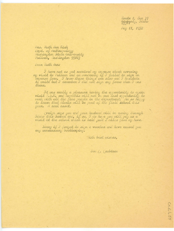 Typewritten letter from Donald Crabtree to Ruth Ann Kirk regarding a missing expense check after his trip to and work in Washington State University.