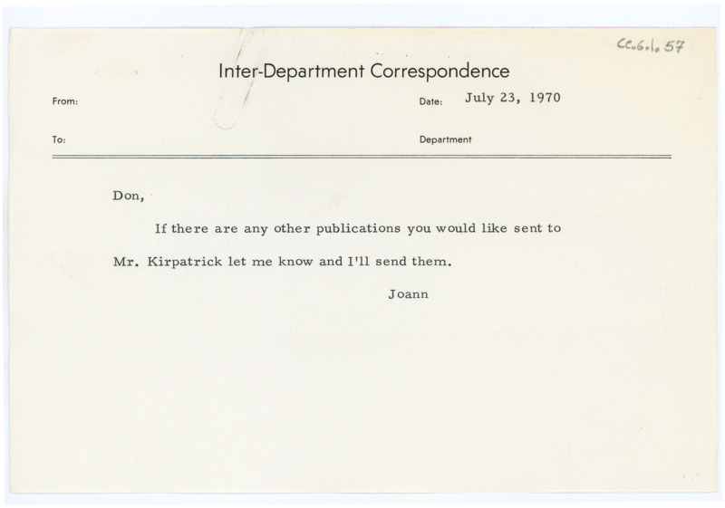 Typewritten letter from Joann Bopp to Crabtree saying that if he had any other publications to send to Kirkpatrick to let her know.