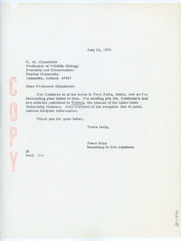 Typewritten letter from Joann Bopp to C. M. Kirkpatrick stating that Crabtree was at home so she would forward his letter to him there. She also sent him some articles published in Tebiwa.