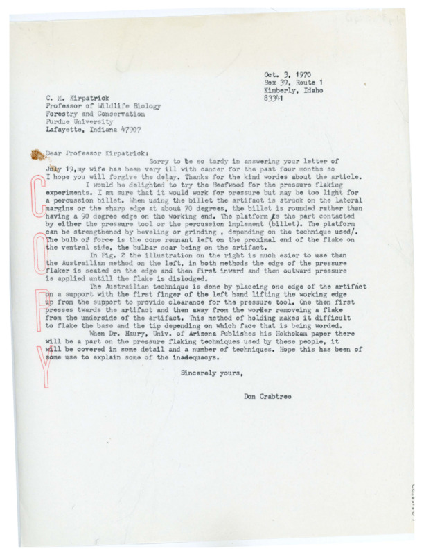 Typewritten letter from Donald Crabtree to C. M. Kirkpatrick where he thanked him for his interest in his paper and answered his questions regarding using bone tools for percussion and pressure flaking.