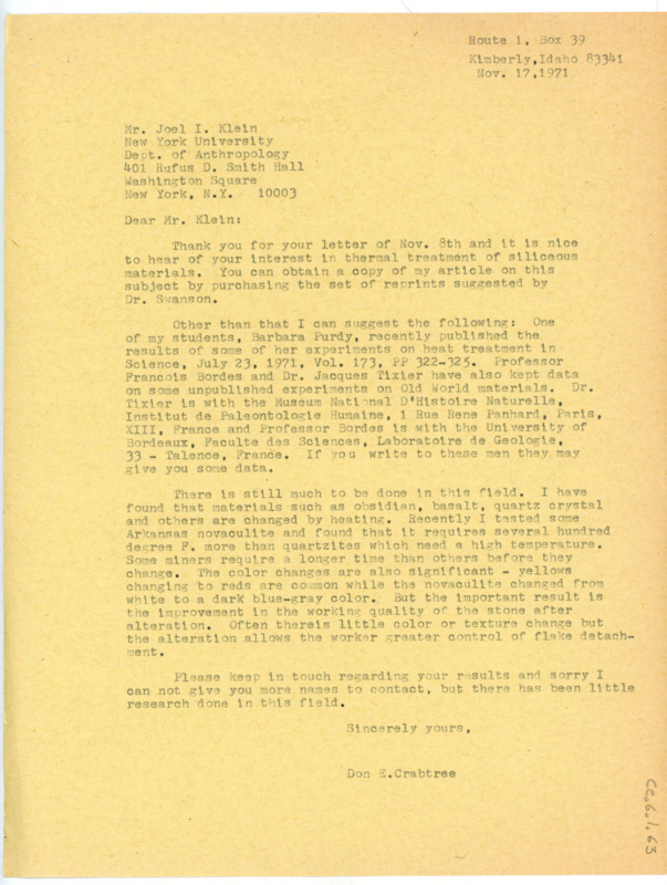 Typewritten letter from Donald Crabtree to Joel Klein to inform him on who he could reach out to regarding research on heat treatment and his own findings.