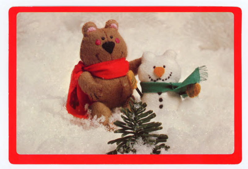 Holiday postcard from Ed and Julie Klinsky. Front: art of a teddy bear and a snowman in the snow. Back: Handwritten note wishing Crabtree a happy holiday season and desire to meet with him soon.