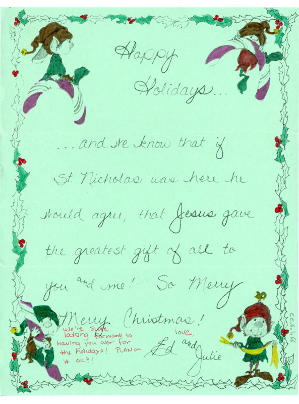 Holiday letter from Ed and Julie Klinsky with a printed greeting and a handwritten note hoping Crabtree would spend the holidays with them.