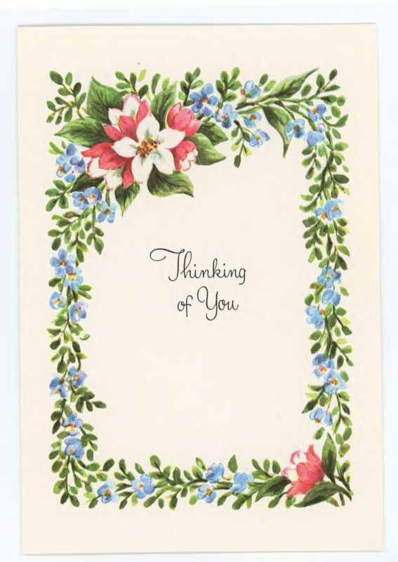 Greeting card from Sidney Knudson. Front: printed flowers around the edge of the card with a printed greeting. Inside: printed greeting followed by a handwritten note wished Crabtree a successful recovery from his surgery. There is an envelope attached with the phone numbers of Jeff Flanigan written on the back.