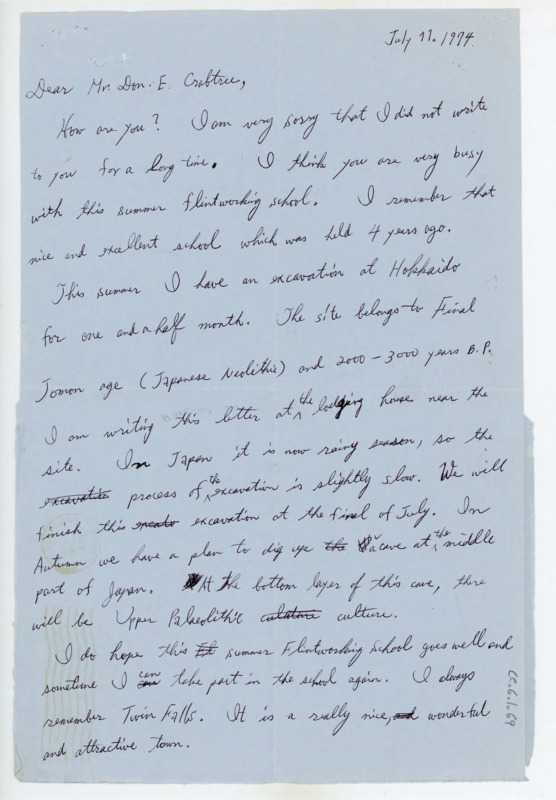 Handwritten letter from Hiroaki Kobayashi detailing his current work on an excavation site in Japan and another upcoming site. He asked Crabtree about the summer field school and wished him well.