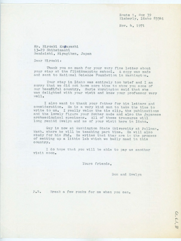 Typewritten letter from Donald Crabtree to Hiroaki Kobayashi to thank him for his visit to the states and to update him on some of their mutual friends' work.