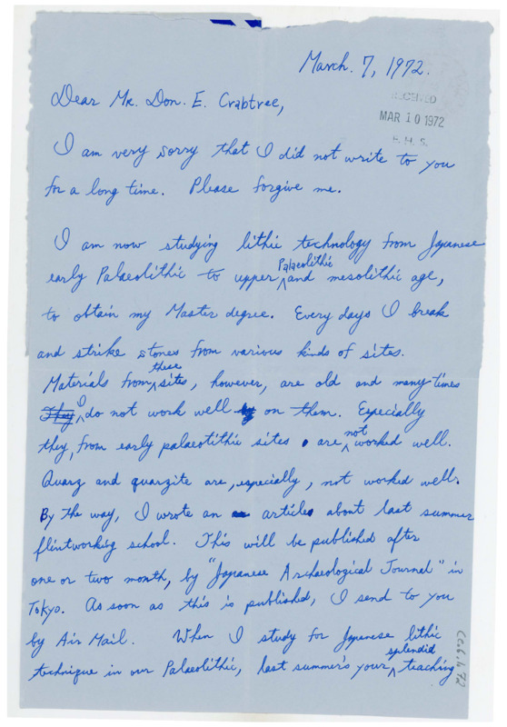 Handwritten letter from Hiroaki Kobayashi where he told Crabtree about his Masters research involving lithics and his upcoming publications. He also inquired about Evelyn's health and wished them both well.