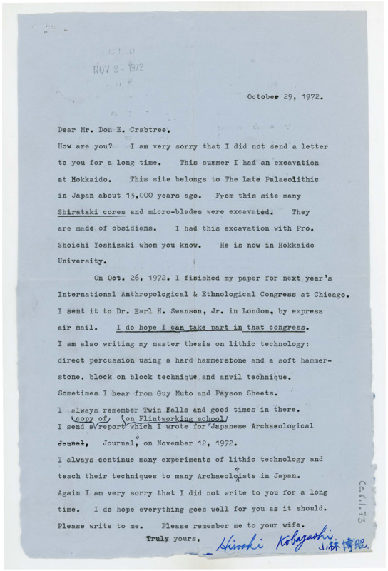 Typewritten letter from Hiroaki Kobayashi where he informed Crabtree on his recent excavation work and his progress on his thesis and publications.