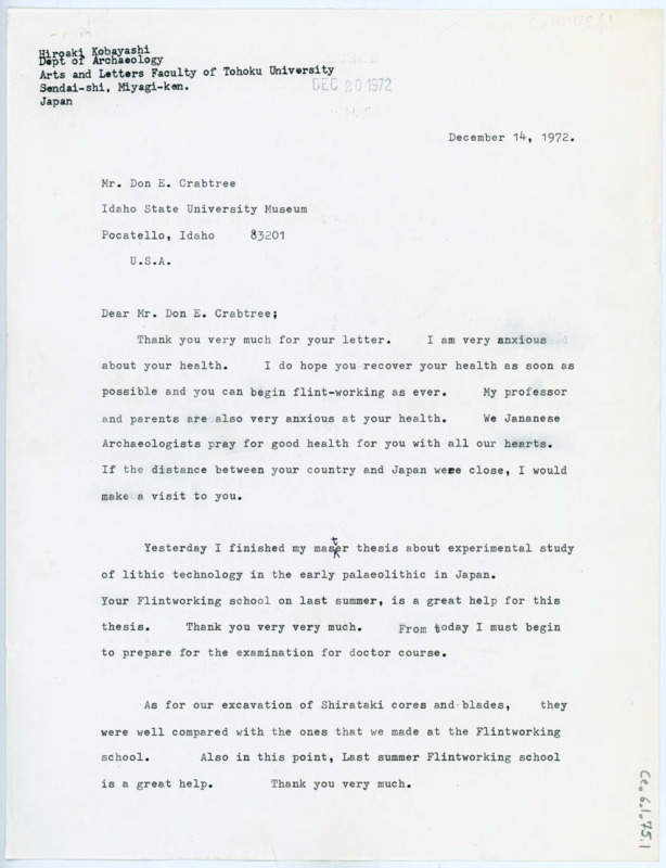 Typewritten letter from Hiroaki Kobayashi where he wished Crabtree's health to improve and told him that he finished his master's thesis.