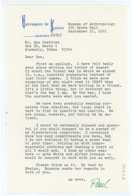 Typewritten letter from Paul Katz to apologize to Crabtree for a letter he had previously sent and to ask Crabtree to serve on his dissertation committee.