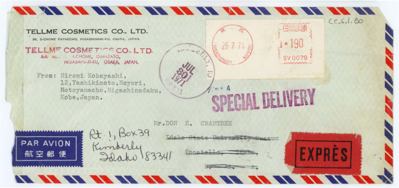 Envelope addressed from Hiroaki Kobayashi to Donald Crabtree.