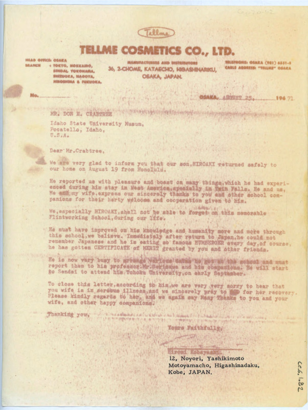 Typewritten letter from Hiromi Kobayashi to Donald Crabtree to thank him for hosting his son, Hiroaki Kobayashi, during the summer field school and to tell him that he had returned safely to Japan. He also gave his well wishes to Evelyn regarding her illness.