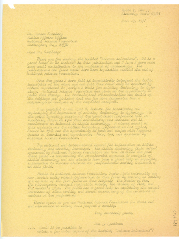 Typewritten letter from Donald Crabtree to Warren Kornberg where he thanked him for the copy of the booklet and explained the reasoning why relating lithic technology to typology.