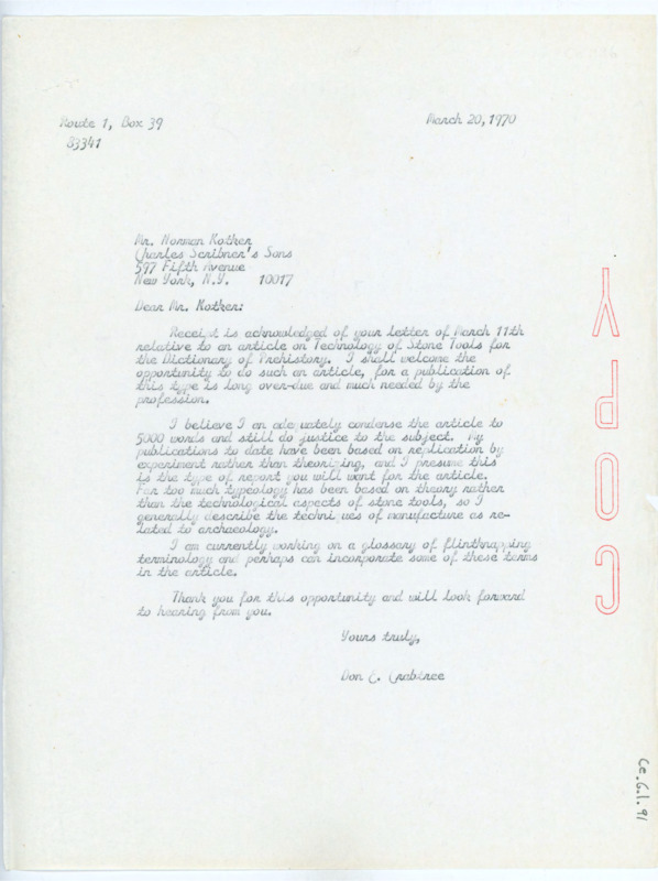 Typewritten letter from Donald Crabtree to Norman Kotker regarding his acceptance on the commission to write on the Technology of Stone Tools for the Dictionary of Prehistory.