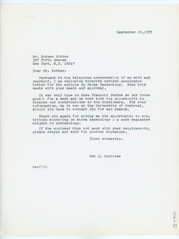 Typewritten letter from Donald Crabtree to say he was sending a revised acceptance letter for the article commission. He also informed him that Francois Bordes had left for Montreal.