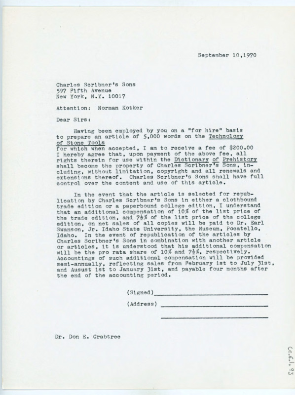 Typewritten letter of acceptance for the commission of the article Technology of Stone Tools for the Dictionary of Prehistory.