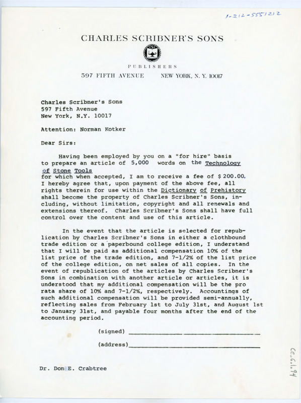 Typewritten letter of acceptance for the commission of the article Technology of Stone Tools for the Dictionary of Prehistory.