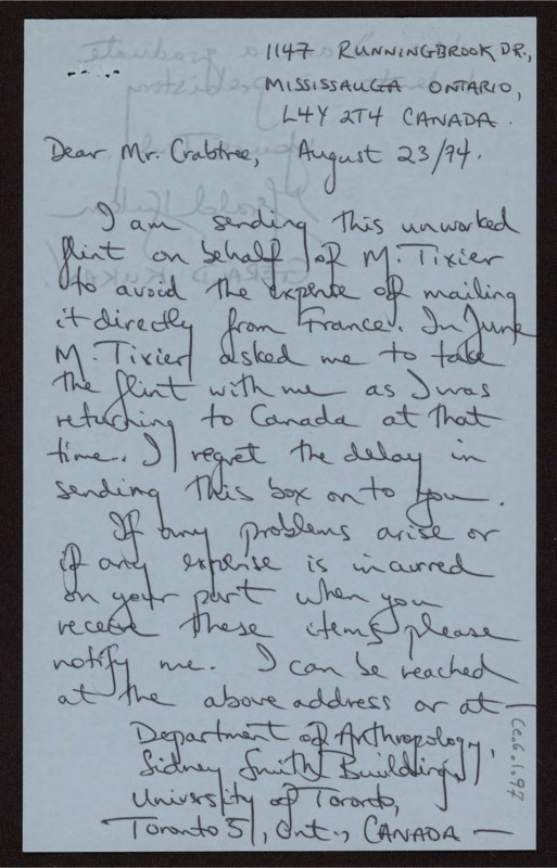 Handwritten letter from Gerald Kukan to Donald Crabtree wherein he sent Crabtree some unworked flint on behalf of Tixier.