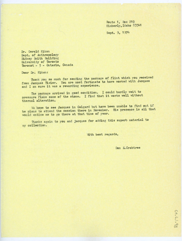 Typewritten letter from Donald Crabtree to Gerald Kukan (spelt incorrectly by Crabtree) to thank Kukan for sending the flint on Tixier's behalf.