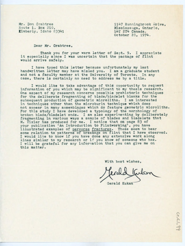 Typewritten letter from Gerald Kukan where he corrected Crabtree on his role as a student and not a professor, then requested some information to work on his thesis research.