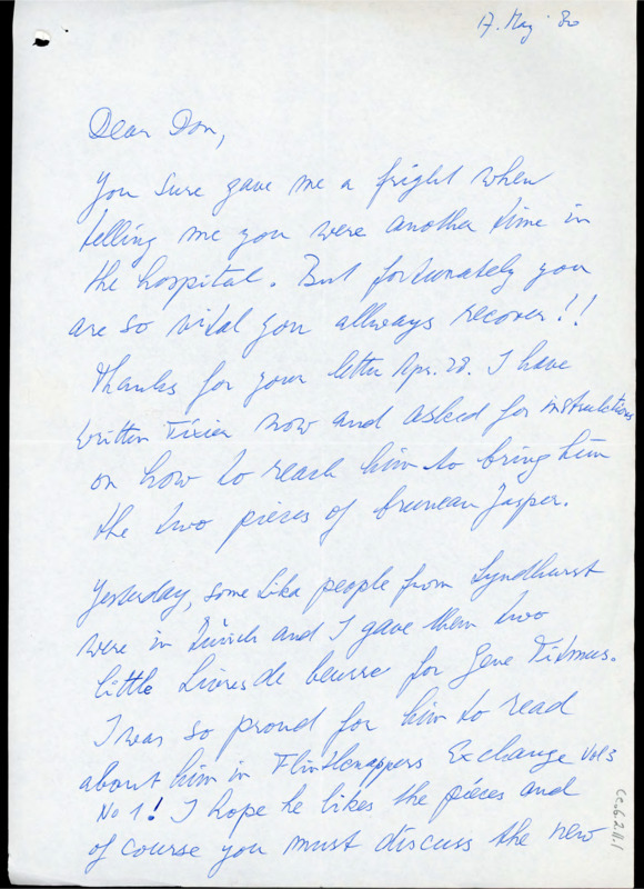 Handwritten letter from Peter Kelterborn to Donald Crabtree where Kelterborn checked in with Crabtree and his health, as well as tell him about his recent trip.