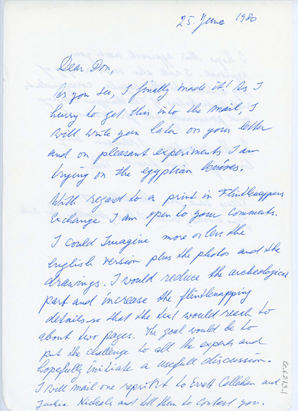 Handwritten letter from Peter Kelterborn to Donald Crabtree to inform him on his paper and his new address.