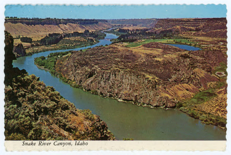 Handwritten postcard from Peter Kelterborn. Front: Printed photo of the Snake River Canyon in Idaho. Back: Handwritten note from Peter where he thanked Crabtree for allowing him to visit and asked about the folsom point he had mailed him.