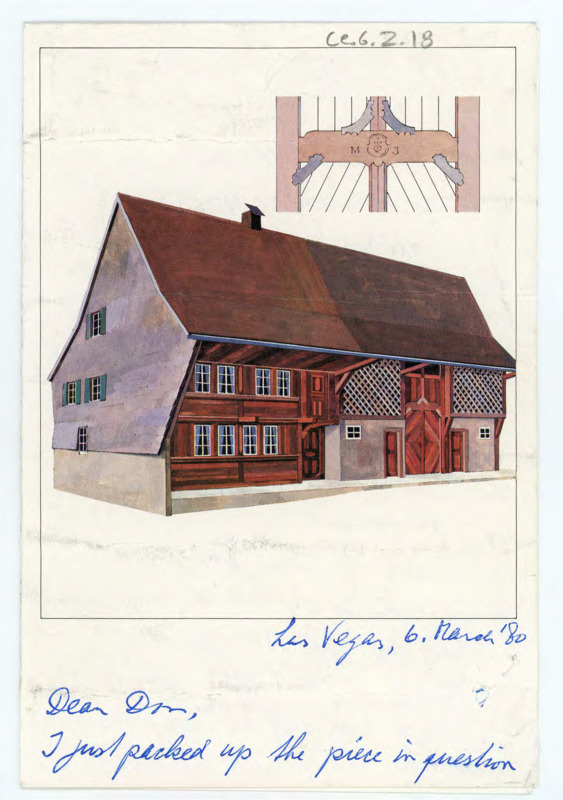 Greeting card from Peter Kelterborn. Front: art of "Swiss Farmhouses" by Kurt Wirth. Inside: Handwritten note from Peter regarding the points he sent Crabtree as well as the conference he attended in Las Vegas.