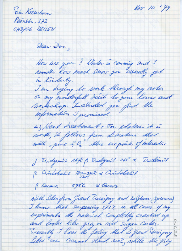 Handwritten letter from Peter Kelterborn where he gave him his notes on his visit to Kimberly, Idaho.