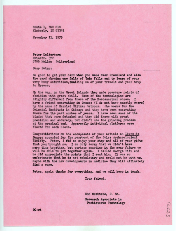 Typewritten letter from Donald Crabtree wherein he informed Peter Kelterborn about his knowledge of technological differences in Europe. He also discussed Peter's paper and George Wili.