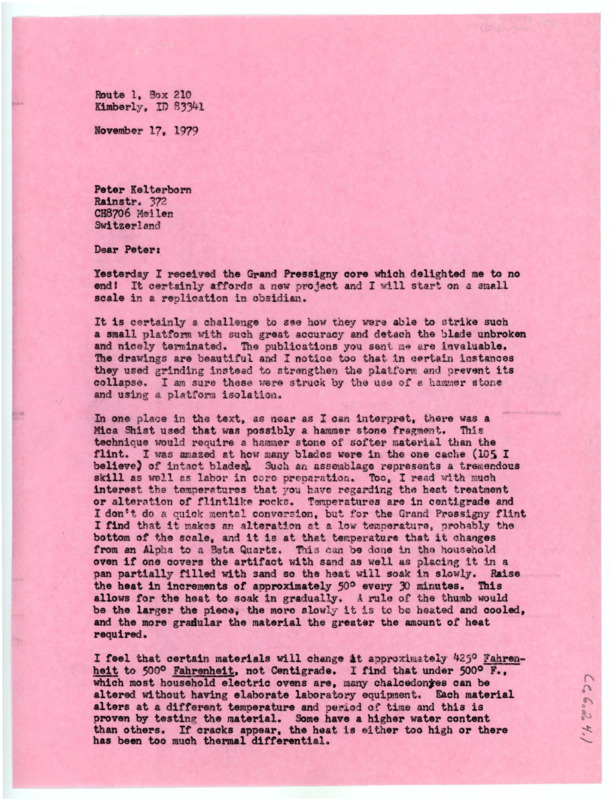 Typewritten letter from Donald Crabtree to Peter Kelterborn to address the Grand-Pressigny core and paper he had sent.