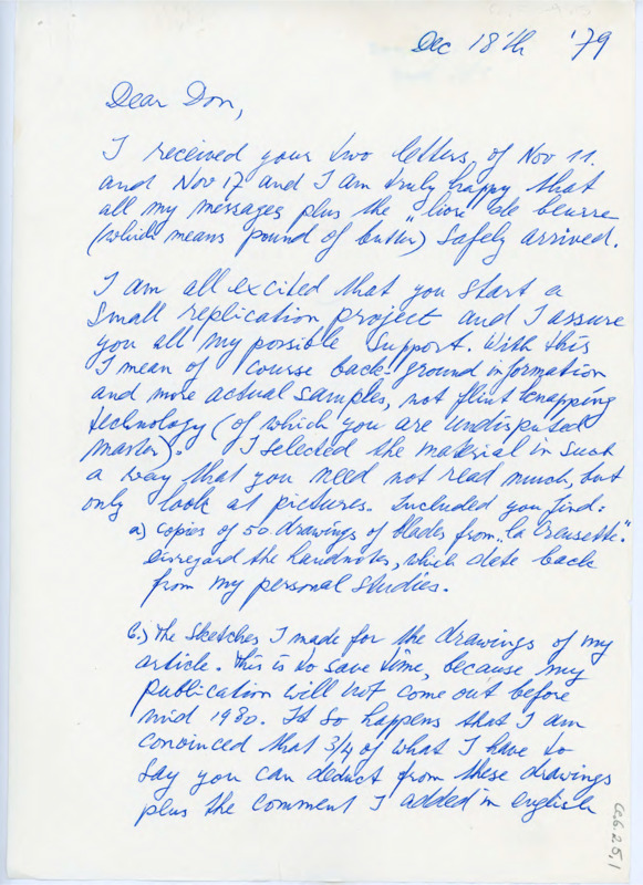 Handwritten letter from Peter Kelterborn regarding the Grand-Pressigny artifacts and the replication project Crabtree was starting.