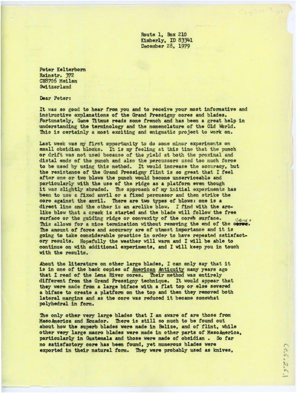 Typewritten letter from Donald Crabtree to Peter Kelterborn regarding his experiments replicating the Grand-Pressigny cores and blades. He also suggested that Kelterborn publish his paper in The Flintknappers Exchange.