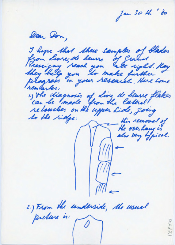 Handwritten letter from Peter Kelterborn to Donald Crabtree where he gave more information regarding some of the Grand-Pressigny points and discussed a visit. He also included some sketches for Crabtree with notes.