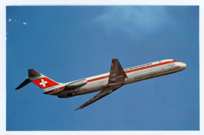 Postcard from Peter Kelterborn. Front: Photo of a Swissair airplane flying in the sky. Back: Handwritten letter from Peter Kelterborn where he told Crabtree about his trip to Asia and his paper.