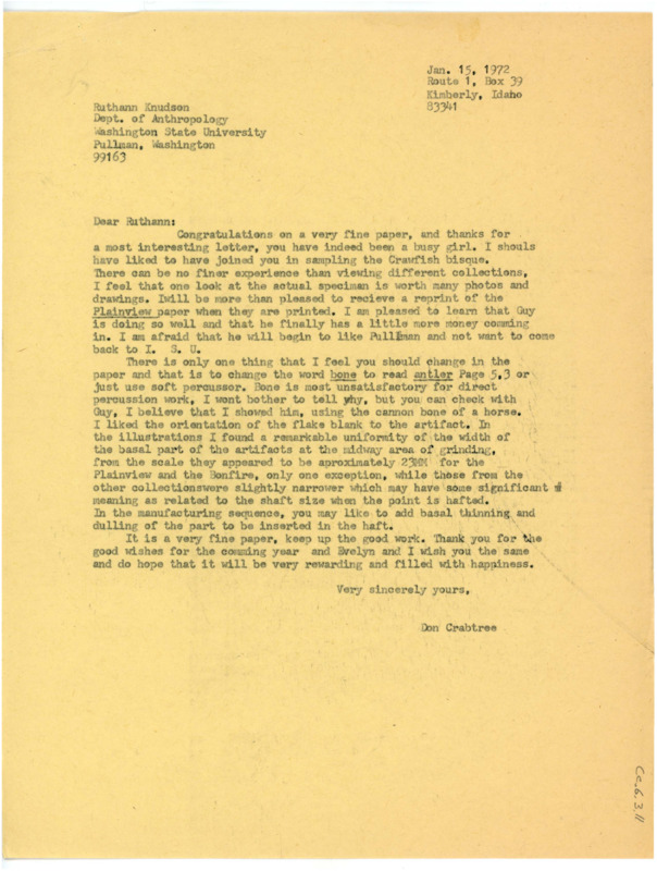 Typewritten letter from Donald Crabtree to Ruthann Knudson where he complimented her paper and gave her suggestions for revisions.