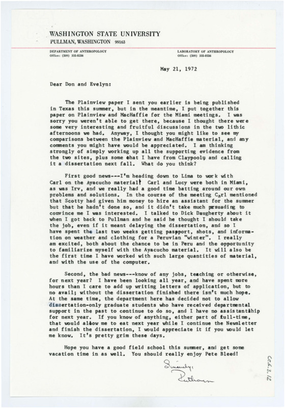 Typewritten letter from Ruthann Knudson to Donald Crabtree where she informed Crabtree on her upcoming work and travel plans.