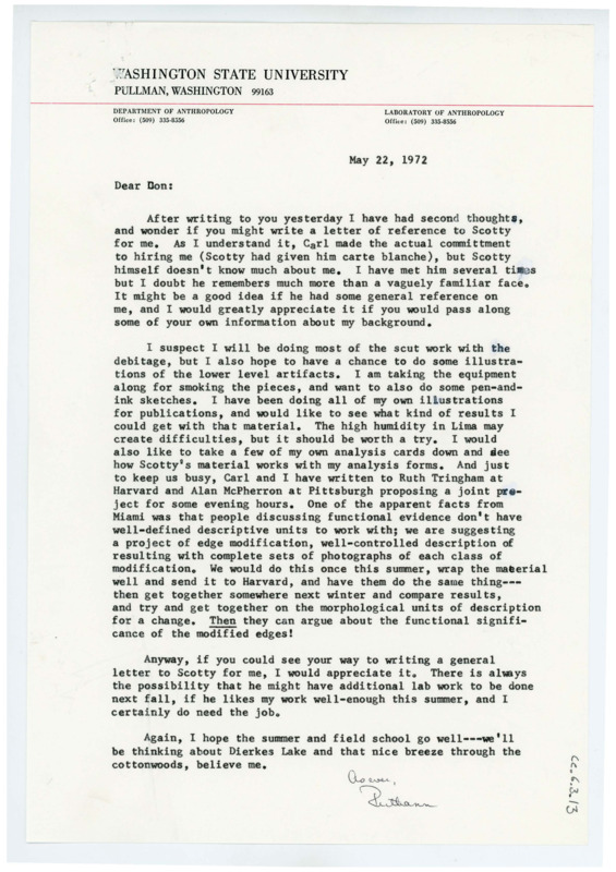 Typewritten letter from Ruthann Knudson to Donald Crabtree where she requested a letter of recommendation from Crabtree.