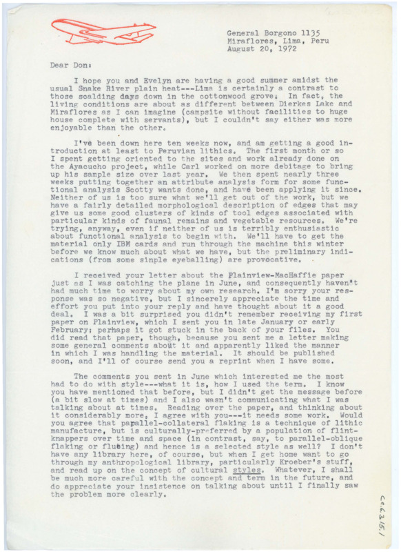 Typewritten letter from Ruthann Knudson to Donald Crabtree where she addressed Crabtree's previous comments on her paper and offered him some clarity on her choices.