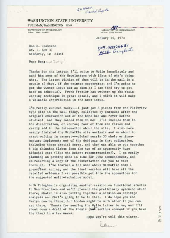 Typewritten letter from Ruthann Knudson to Donald Crabtree to update him on her research and ask if he would be attending an upcoming conference.