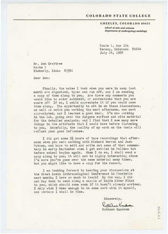 Typewritten letter from Ruthann Knudson to Donald Crabtree wherein she said she enclosed her notes on the summer camp.